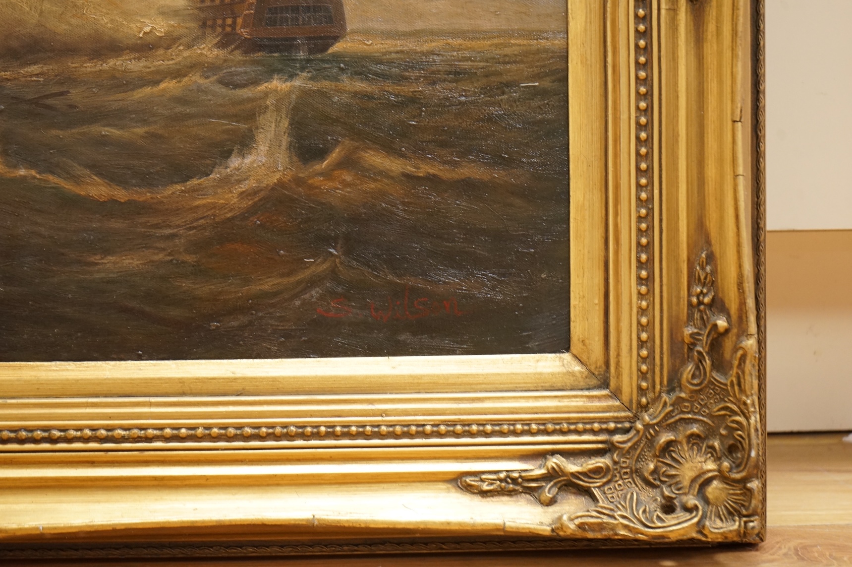 S. Wilson, Men O'war scene, signed, decorative maritime interest oil on canvas, 59 x 91cm, ornate gilt frame